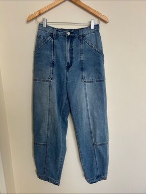 High-Rise Wide-Leg Patch Pocket Jeans - Blue